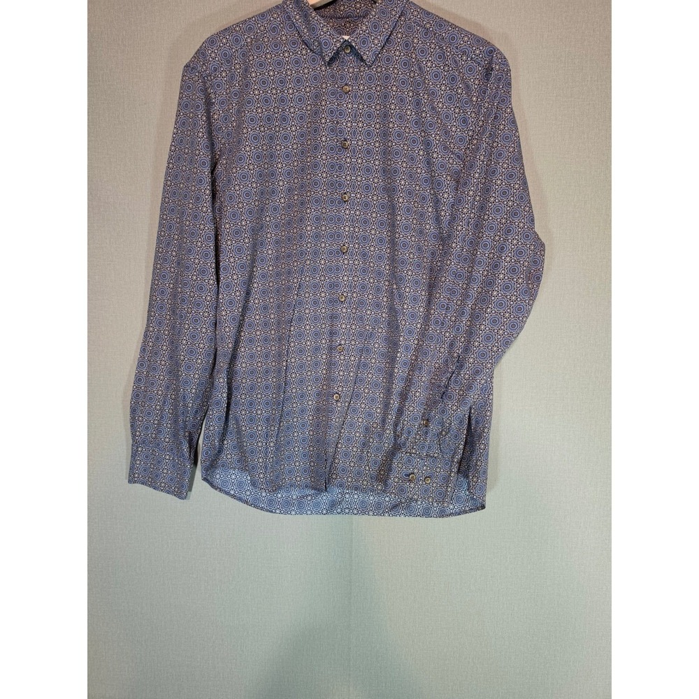 Perfetto Selection Mens XL Slim Fit Blue Geometric Medallion Cotton Shirt Turkey